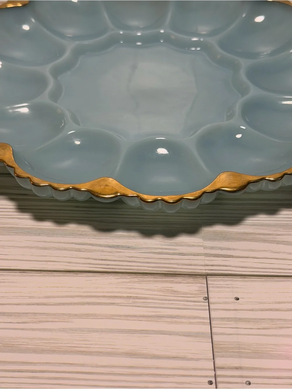 Vintage Anchor Hocking Fire-King Delphite Blue Deviled Egg Plate Gold Trim MCM